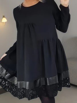 Plus Size, Plus Size Women's Elegant Black Dress with Lace Trim - Flared Skirt, Round Neck, All-Season Versatile Fit & Flared Silhouette for Casual to Formal Occasions, Evening Wear, Sophisticated Style, Quality Stitching, Stylish Ladies