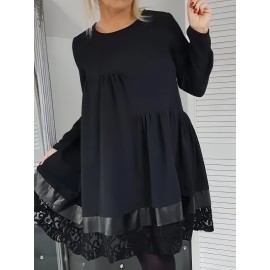 Plus Size, Plus Size Women's Elegant Black Dress with Lace Trim - Flared Skirt, Round Neck, All-Season Versatile Fit & Flared Silhouette for Casual to Formal Occasions, Evening Wear, Sophisticated Style, Quality Stitching, Stylish Ladies
