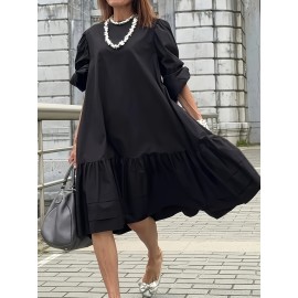 [Elegant Plus Size Dress] Elegant Plus Size Women's French-Inspired Summer Dress | Sleeveless Ruffled Hem Bodycon with Golden Chain Strap, Solid Color Round Neck for Spring/Summer Casual Wear, Cute Dresses