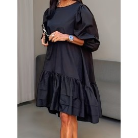 [Elegant Plus Size Dress] Elegant Plus Size Women's French-Inspired Summer Dress | Sleeveless Ruffled Hem Bodycon with Golden Chain Strap, Solid Color Round Neck for Spring/Summer Casual Wear, Cute Dresses