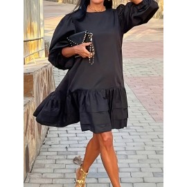 [Elegant Plus Size Dress] Elegant Plus Size Women's French-Inspired Summer Dress | Sleeveless Ruffled Hem Bodycon with Golden Chain Strap, Solid Color Round Neck for Spring/Summer Casual Wear, Cute Dresses