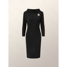 Plus Size - Plus Size, Women'S Elegant Plus Size Formal & Everyday Dress - Long Sleeve Round Neck Solid Color Red Dress with Lapel Collar, Machine Washable Winter Fall Outfits, Dresses For Women Plus Size