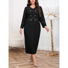 Plus Size, New Autumn Winter Middle East Directional Elegant Temperament Double-breasted Design Dress Plus Size