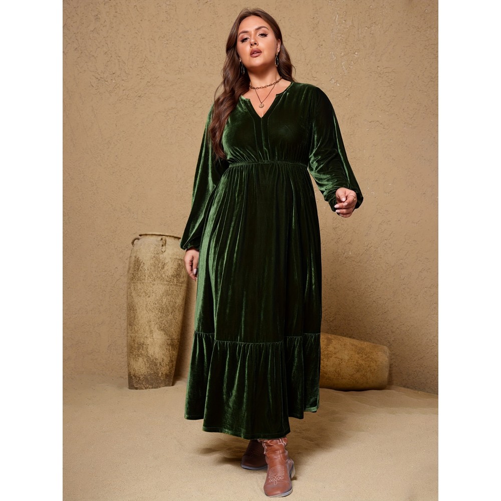 Plus Size, Plus Size A-Line Maxi Dress - Sleeve Winter Dress with -Length Hem, Machine Washable Solid Color Elegant Party Wedding Guest Dress (Casual to Formal) - Coat-Compatible Outfit