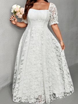 [Pink Lace Dress] Elegant Pink Lace-Trimmed Square Neck Dress for Women | Fitted Shirred Waist, Long Sleeve, Flowing Design - Perfect for Weddings & Formal Events