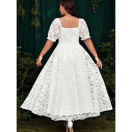 [Pink Lace Dress] Elegant Pink Lace-Trimmed Square Neck Dress for Women | Fitted Shirred Waist, Long Sleeve, Flowing Design - Perfect for Weddings & Formal Events