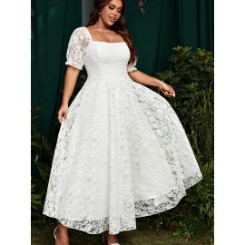 [Pink Lace Dress] Elegant Pink Lace-Trimmed Square Neck Dress for Women | Fitted Shirred Waist, Long Sleeve, Flowing Design - Perfect for Weddings & Formal Events