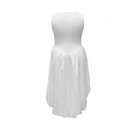 Plus Size, Women's Elegant Sleeveless Round Neck Formal Party Mini Dress - A-Line Silhouette with Flared Skirt, Machine Washable White Evening Gown for Weddings, Proms & Special Occasions, All-Season Wear