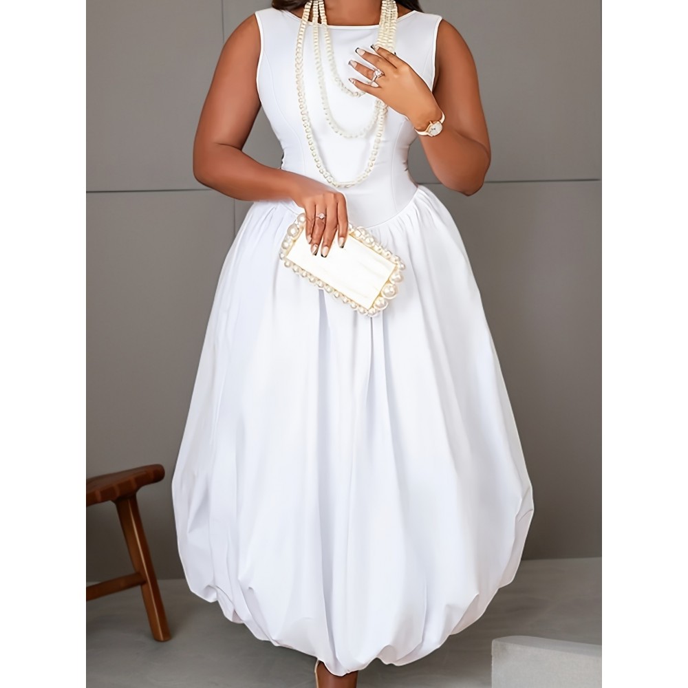 Plus Size, Women's Elegant Sleeveless Round Neck Formal Party Mini Dress - A-Line Silhouette with Flared Skirt, Machine Washable White Evening Gown for Weddings, Proms & Special Occasions, All-Season Wear