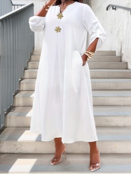 [Elegant V-Neck Maxi Dress] Plus Size - Plus Size, Women's Plus Size Elegant V-Neck Long Sleeve Shirt Dress - Formal & Everyday Maxi Dress With Golden Floral Buttons, Non-Stretchy Fabric, A-Line Silhouette For Fall/Winter - Office, Party, Casual Outfits, Office Attire