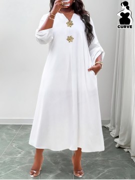[Elegant V-Neck Maxi Dress] Plus Size - Plus Size, Women's Plus Size Elegant V-Neck Long Sleeve Shirt Dress - Formal & Everyday Maxi Dress With Golden Floral Buttons, Non-Stretchy Fabric, A-Line Silhouette For Fall/Winter - Office, Party, Casual Outfits, Office Attire