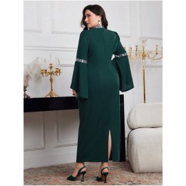[Plus Size Bell Sleeve Dress] Elegant Plus Size Bell Sleeve Dress - Stretchy & Form-Fitting, Solid Color, Crew Neck, Perfect for Spring/Summer/Fall, Women's Fashion, Sophisticated Style, Elegant Event Attire