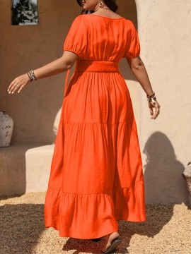 [Vibrant Dress] Vibrant Orange Plus Size Women's Elegant Long Sleeve Dress | A-Line Single-Breasted Button Front Dress with Flared Hem, Machine Washable for Resort & Casual Occasions YZ264, Flowy Fabric Gown, Lightweight Material, Curvy Fashion