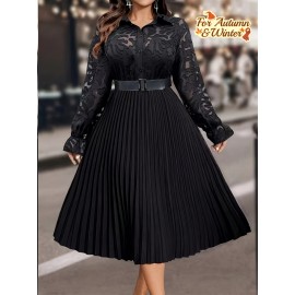[Plus Size Elegant Dress] Plus Size, Autumn and Winter Fashion Casual Long-Sleeve Pleated Elegant Dress