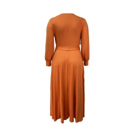 Plus Size Elegant Surplice Neck Maxi Dress - Soft Solid Color, Long Sleeve, Tie Waist, Flattering Fit for Spring & Fall - Women's Comfortable Plus Size Clothing for Everyday Wear