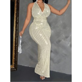 Plus Size Women's Sleeveless Halter Neck Sequin Dress - Elegant Bodycon Summer Party Dress with High Slit, Hand Wash Only, Formal Occasion Attire | Stretchy Fabric Gown