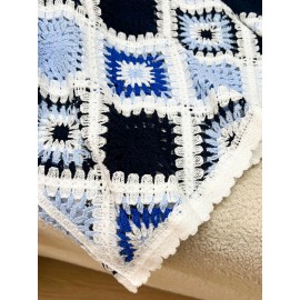 Plus Size - Women'S Bohemian Style Crochet Top - Lightweight Hollow Round Neck Sweater with Blue & Black Color Block Design, Long Sleeve Pullover for Fall/Winter