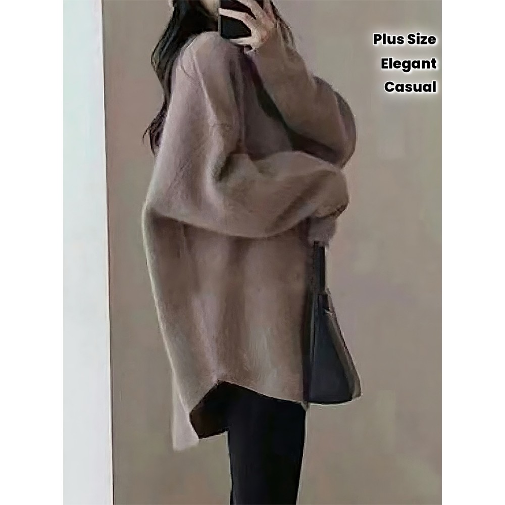 Plus Size, Women's Elegant Oversized Beige/Brown Sweater Coat - Soft Round Neck Collar Pullover, Winter Warm Blazer-like Jacket for Casual & Professional Wear, Hand Washable Fall/Winter Outerwear (No Pattern)