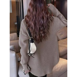 Plus Size, Women's Elegant Oversized Beige/Brown Sweater Coat - Soft Round Neck Collar Pullover, Winter Warm Blazer-like Jacket for Casual & Professional Wear, Hand Washable Fall/Winter Outerwear (No Pattern)