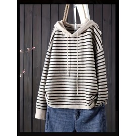 Plus Size, Plus Size Women's Elegant Oversized Hooded Sweater - Beige & Black White Striped Cardigan Jacket, Soft -like Texture Pullover for Spring/Fall Layering, Casual to Dressy Wear (No)
