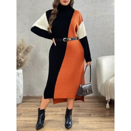 Plus Size, Women's Oversized High-Neck Sweater Dress - Casual Elegant Color Block (Olive Green/Black/White) A-Line Silhouette with Long Sleeves, Cozy Fall Winter & Spring Layering Dress for Plus Size Women, Hand Washable