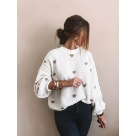 Plus Size, Women's Plus Size Oversized Heart Print Sweater - Elegant Brown & White Sweater with Heart Pattern, Round Neck Long Sleeve Winter Pullover, Cozy Fall & Winter Sweater for Women (Machine Washable) - Casual & Formal Outfits, Plus Size Friendly, Relaxed Fit, Chic Layering Piece, Soft Fabric, Brown/Beige Tones, Suitable for Layering, Stylish and Comfortable for Casual Attire, Oversized Sweaters For Women Plus Size, Plus Size Knitwear,