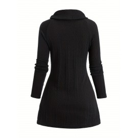 Plus Size, Plus Size Women's High Neck Asymmetrical Button-Front Long Sleeve Top - Stretch Fabric, Machine Washable, Solid Black Casual Chic Fall Winter Tops, Seasonal Wardrobe Staple, Stylish Knitwear, Quality Stitching, Button Front Blouse, Stylish Wardrobe Essential