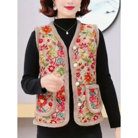 [Chinese Style Stand Collar] New Winter Plus Size Fleece-Lined Vest Cardigan Coat | Thickened Warm Comfortable, Chinese Style Stand Collar Retro Elegant Design H-Line Loose-Fit Free Floral Pattern Youthful and Stylish