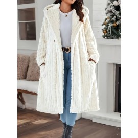 [Plus Size | Plush Hooded] Plus Size Women's Plush Hooded Winter Coat | Long Jacket with Hood, Thick Outerwear, Machine Washable & Wrinkle-Resistant White/Beige, Elegant Collar for Cold Weather (Autumn/Winter) - Coat for Tall Women