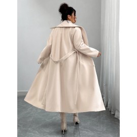 [Women's Outerwear] Plus Size Elegant Winter Coat - Women's Double-Breasted Asymmetrical Jacket with Belted Waist | Long Sleeve Trench Coat (Black) | Machine Washable for Weddings & Formal Events