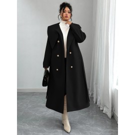 [Women's Outerwear] Plus Size Elegant Winter Coat - Women's Double-Breasted Asymmetrical Jacket with Belted Waist | Long Sleeve Trench Coat (Black) | Machine Washable for Weddings & Formal Events