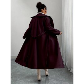 [Women's Outerwear] Plus Size Elegant Winter Coat - Women's Double-Breasted Asymmetrical Jacket with Belted Waist | Long Sleeve Trench Coat (Black) | Machine Washable for Weddings & Formal Events