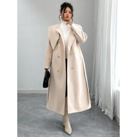 [Women's Outerwear] Plus Size Elegant Winter Coat - Women's Double-Breasted Asymmetrical Jacket with Belted Waist | Long Sleeve Trench Coat (Black) | Machine Washable for Weddings & Formal Events