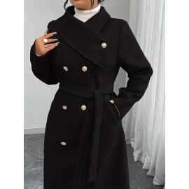 [Women's Outerwear] Plus Size Elegant Winter Coat - Women's Double-Breasted Asymmetrical Jacket with Belted Waist | Long Sleeve Trench Coat (Black) | Machine Washable for Weddings & Formal Events