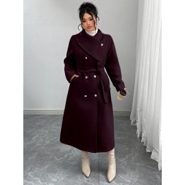 [Women's Outerwear] Plus Size Elegant Winter Coat - Women's Double-Breasted Asymmetrical Jacket with Belted Waist | Long Sleeve Trench Coat (Black) | Machine Washable for Weddings & Formal Events