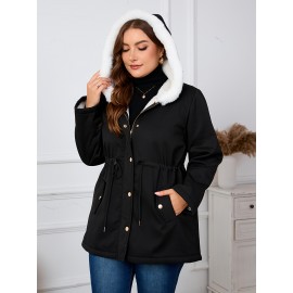 Plus Size, Women's Oversized Elegant Hooded Winter Coat - Heavyweight Full-Length Winter Jacket with Golden-Tone Hardware, Machine Washable Long Sleeve Trench Coat with Pockets for Fall & Winter, Plus Size Available (Solid Black) - Casual to Formal Outerwear