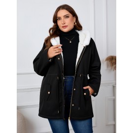 Plus Size, Women's Oversized Elegant Hooded Winter Coat - Heavyweight Full-Length Winter Jacket with Golden-Tone Hardware, Machine Washable Long Sleeve Trench Coat with Pockets for Fall & Winter, Plus Size Available (Solid Black) - Casual to Formal Outerwear