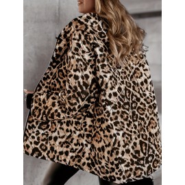 Plus Size, 's Plus Size Oversized Leopard Print (Brown/Black) Full-Zip Hooded Winter Jacket - -Like Collar, Thick Warm Outerwear, Machine Washable, Casual & Dressy Blazer for Fall/Winter, Versatile Outerwear