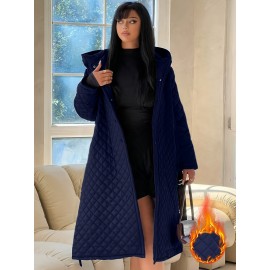 Plus Size - Elegant Fashion Quilted Over-the-Knee Dress with a Loose Hooded Design, Featuring a Belt for Women.