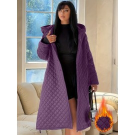 Plus Size - Elegant Fashion Quilted Over-the-Knee Dress with a Loose Hooded Design, Featuring a Belt for Women.