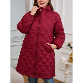 Plus Size, Elegant Quilted Square Flower Zip-Up Hooded Coat - Burgundy All-Season Machine Washable Outerwear with Zipper Closure & Hooded Design, Casual Wear, Sophisticated Style, Finish, Lightweight Layering, Stylish Jacket, Durable Fabric, Zip Front Jacket, Casual Attire