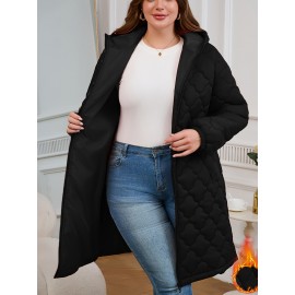 Plus Size, Elegant Quilted Square Flower Zip-Up Hooded Coat - Burgundy All-Season Machine Washable Outerwear with Zipper Closure & Hooded Design, Casual Wear, Sophisticated Style, Finish, Lightweight Layering, Stylish Jacket, Durable Fabric, Zip Front Jacket, Casual Attire