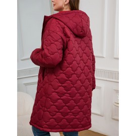 Plus Size, Elegant Quilted Square Flower Zip-Up Hooded Coat - Burgundy All-Season Machine Washable Outerwear with Zipper Closure & Hooded Design, Casual Wear, Sophisticated Style, Finish, Lightweight Layering, Stylish Jacket, Durable Fabric, Zip Front Jacket, Casual Attire