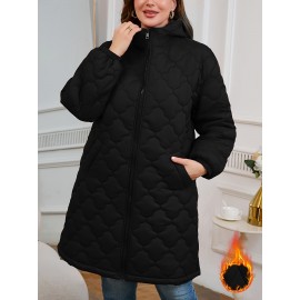 Plus Size, Elegant Quilted Square Flower Zip-Up Hooded Coat - Burgundy All-Season Machine Washable Outerwear with Zipper Closure & Hooded Design, Casual Wear, Sophisticated Style, Finish, Lightweight Layering, Stylish Jacket, Durable Fabric, Zip Front Jacket, Casual Attire