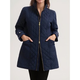 Plus Size, Women's Elegant Quilted Padded Jacket with Stand-Collar - Lightweight Warm Coat for Spring, Fall & Winter, Soft Quilting, Machine Washable Solid Color Outerwear (No bulk under the coat) - Casual to Dress for /Special Events - In Stock