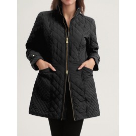 Plus Size, Women's Elegant Quilted Padded Jacket with Stand-Collar - Lightweight Warm Coat for Spring, Fall & Winter, Soft Quilting, Machine Washable Solid Color Outerwear (No bulk under the coat) - Casual to Dress for /Special Events - In Stock