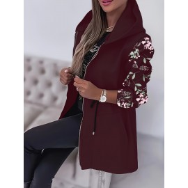 Plus Size, Women's Plus Size Elegant Floral Print Jacket - Black with Zipper Front Closure, Long Sleeve Non-Stretch Coat, Mid-Length Formal & Casual Outerwear for Everyday Special Events, Ladies Jacket, Versatile Clothing, Sophisticated Design, Detailed Cuffs