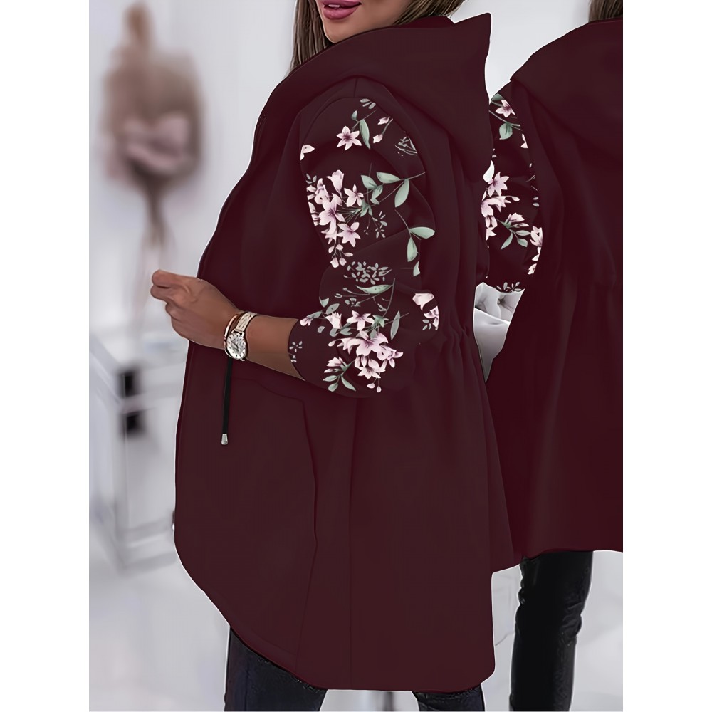 Plus Size, Women's Plus Size Elegant Floral Print Jacket - Black with Zipper Front Closure, Long Sleeve Non-Stretch Coat, Mid-Length Formal & Casual Outerwear for Everyday Special Events, Ladies Jacket, Versatile Clothing, Sophisticated Design, Detailed Cuffs