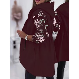 Plus Size, Women's Plus Size Elegant Floral Print Jacket - Black with Zipper Front Closure, Long Sleeve Non-Stretch Coat, Mid-Length Formal & Casual Outerwear for Everyday Special Events, Ladies Jacket, Versatile Clothing, Sophisticated Design, Detailed Cuffs