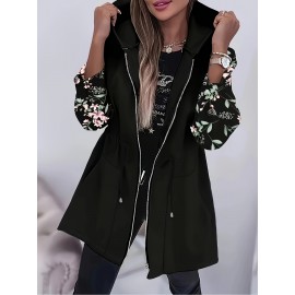 Plus Size, Women's Plus Size Elegant Floral Print Jacket - Black with Zipper Front Closure, Long Sleeve Non-Stretch Coat, Mid-Length Formal & Casual Outerwear for Everyday Special Events, Ladies Jacket, Versatile Clothing, Sophisticated Design, Detailed Cuffs